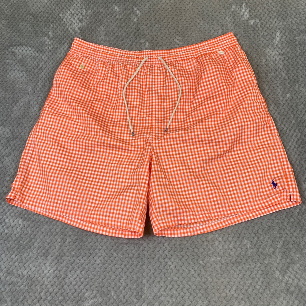 Polo Ralph Lauren Swim Trunks Mens 3XLT Orange Gingham Big Tall Mesh Lined